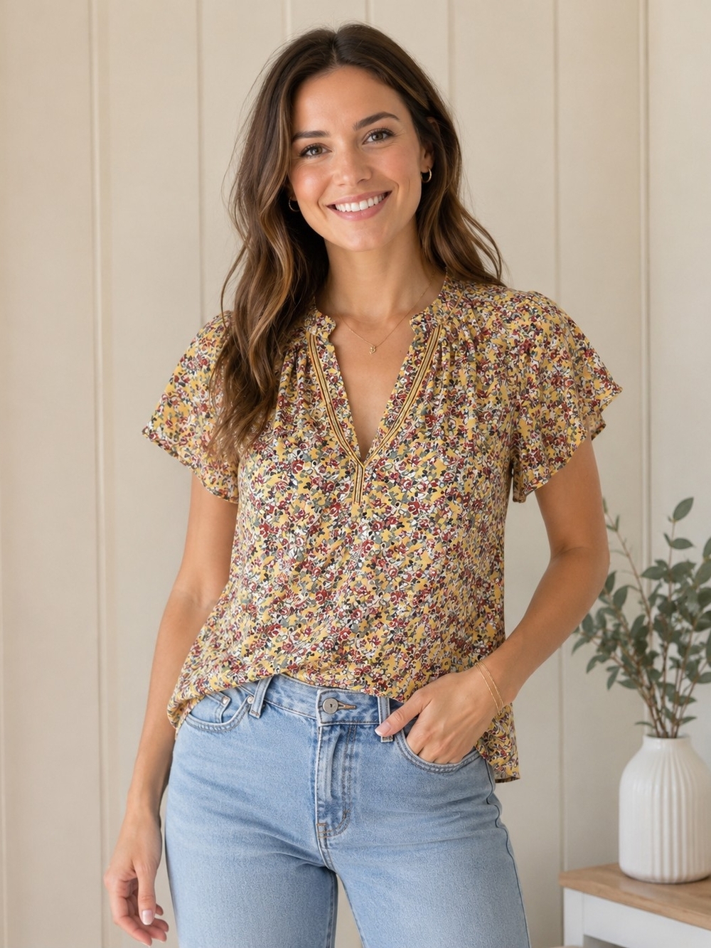 Max Studio Blouse Mustard Yellow Floral Roses Ruffle Flutter Sleeves Size S